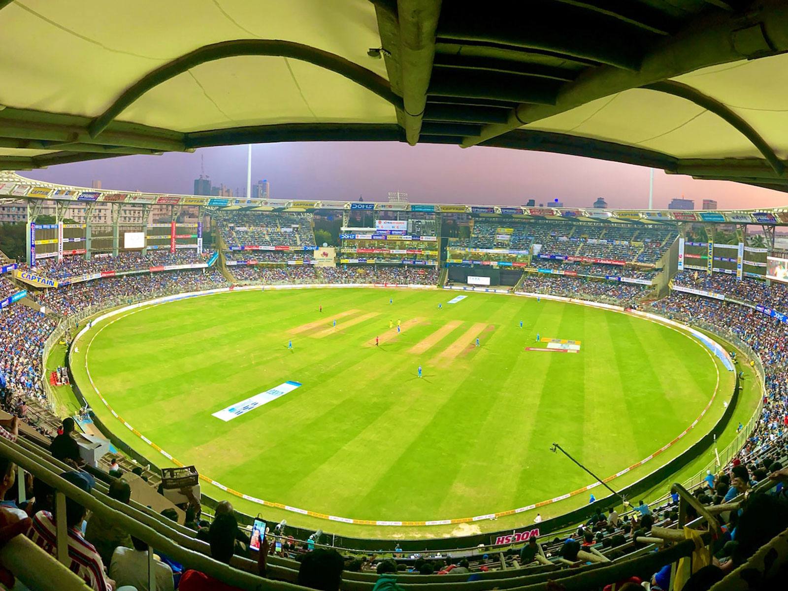 A large cricket stadium, view from high in the stands