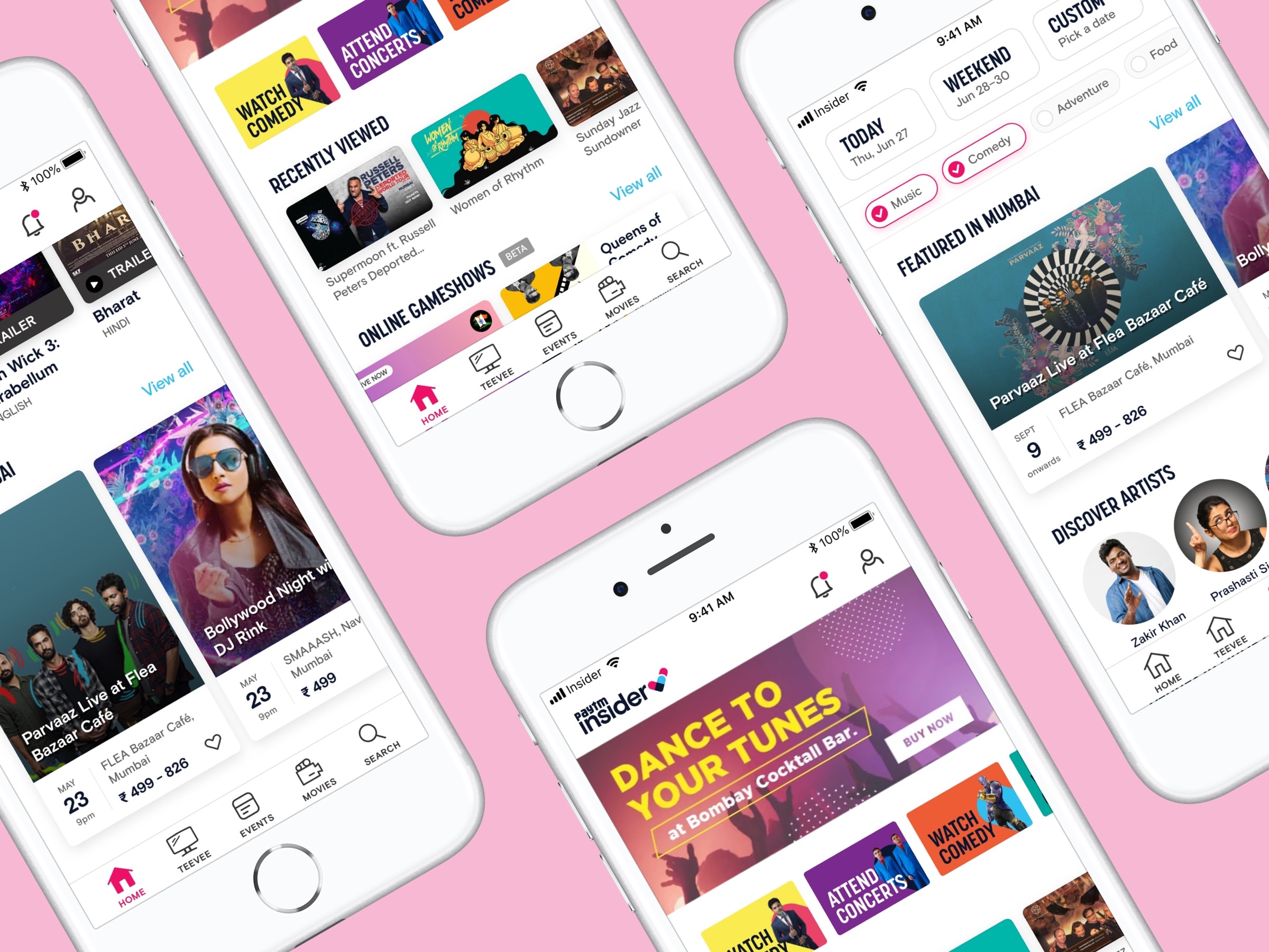 Screenshots of various pages of the app on a pink background